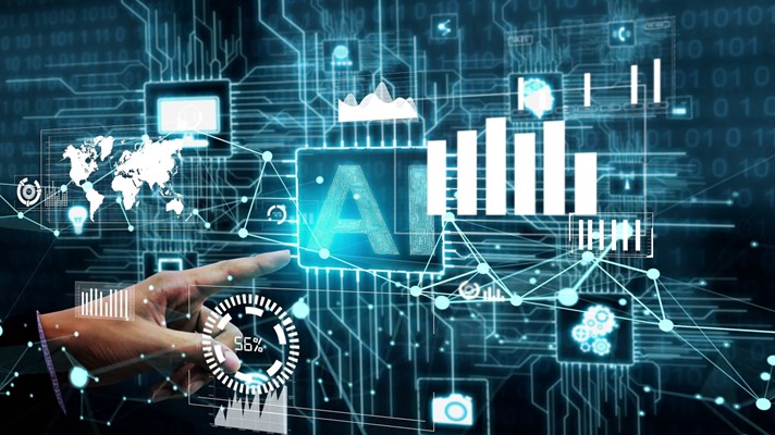 Machine learning and artificial intelligence concept featuring a hand pointing to data on an interface with AI in the middle