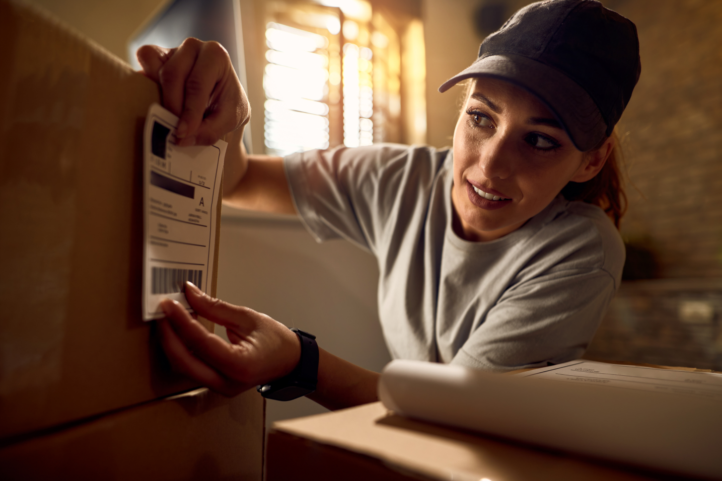 young-delivery-woman-preparing-packages-shipment-attaching-data-label-carboard-box-office 1